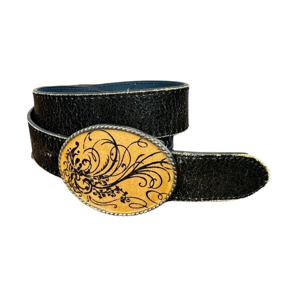 Boho Artisan Floral Buckle Black Distressed Leather Belt Small Western Cottage